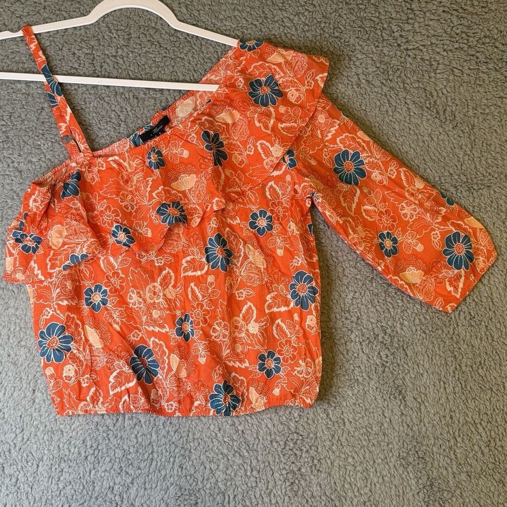 NWT Mavi Women's Orange Blue‎ Daisy Ruffle Print Asymmetric Cropped Top Size S